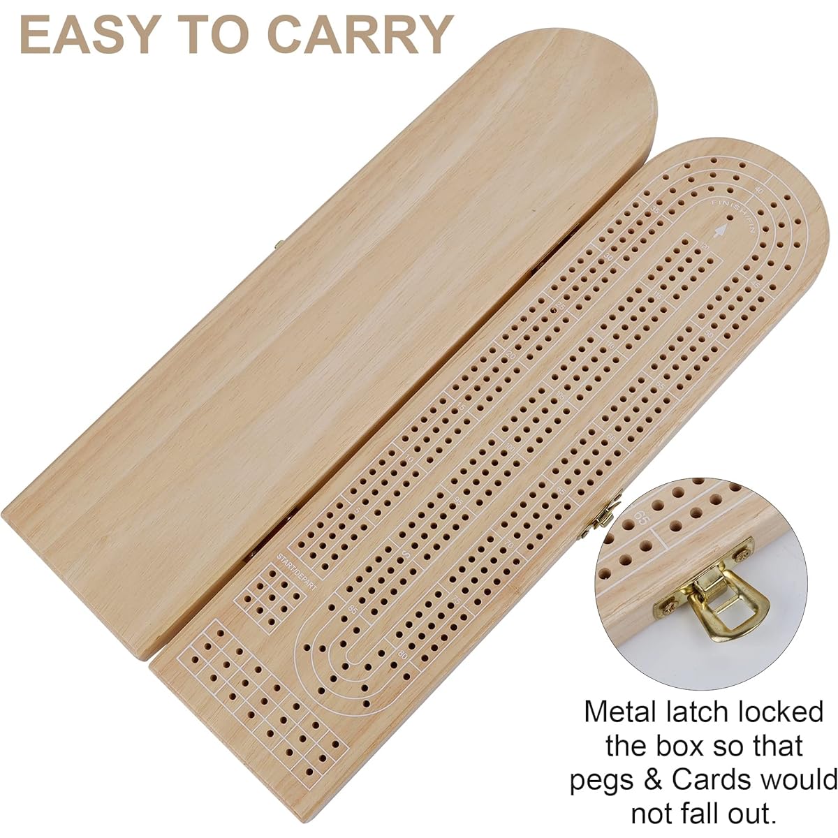 Juegoal Wooden Cribbage Board Game Set, Solid Wood Continuous Track Board with Storage Area, 9 Metal Pegs and Playing Cards, Portable Cribbage Game Set for Travel, Nature Color