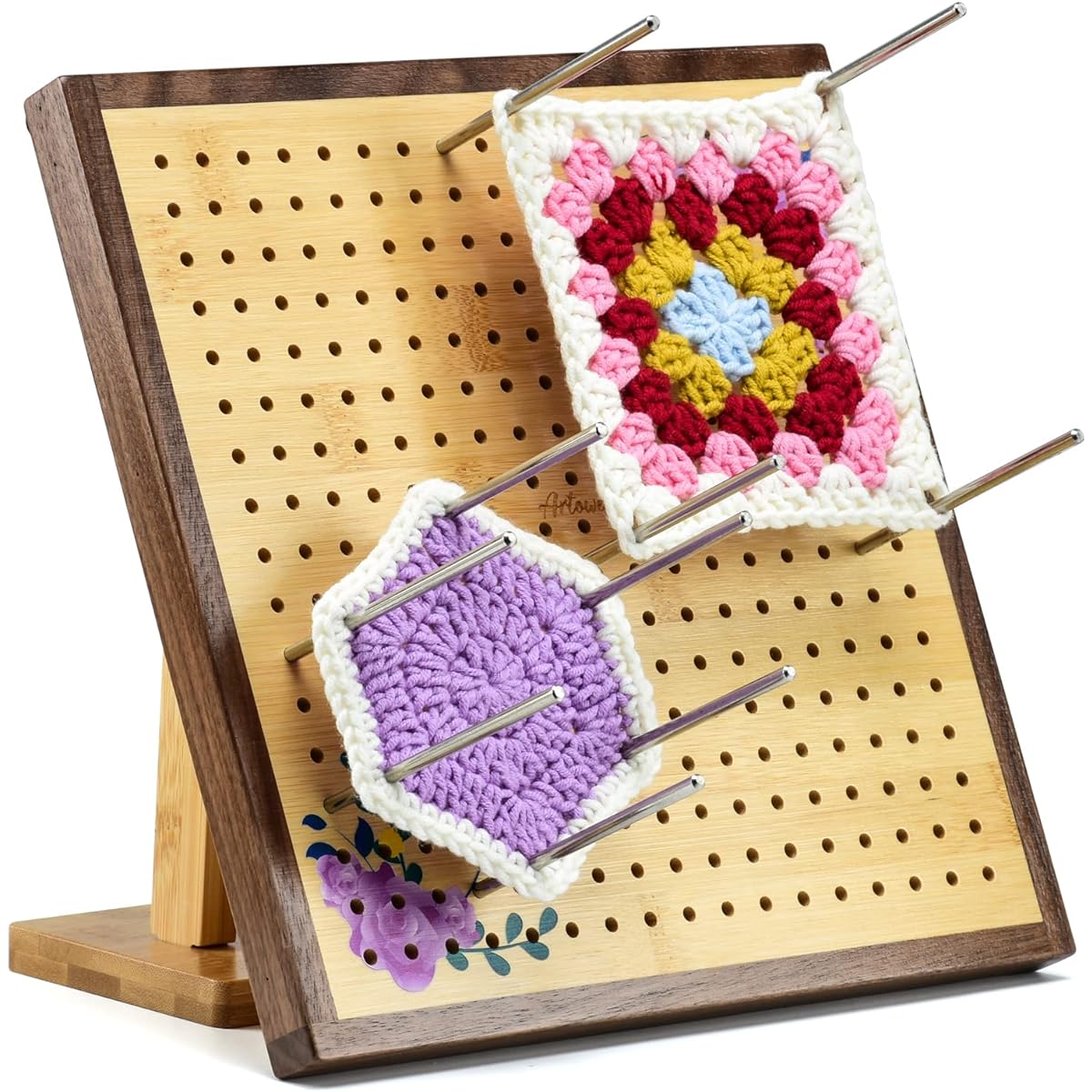 Artowell Crochet Block Board - Crochet Gift for Grandma's Square Lover - Bamboo Block Board for Knitting and Crocheting, Full Kit with 24 Stainless Steel Rod Pins (10 Inch) - Romantic