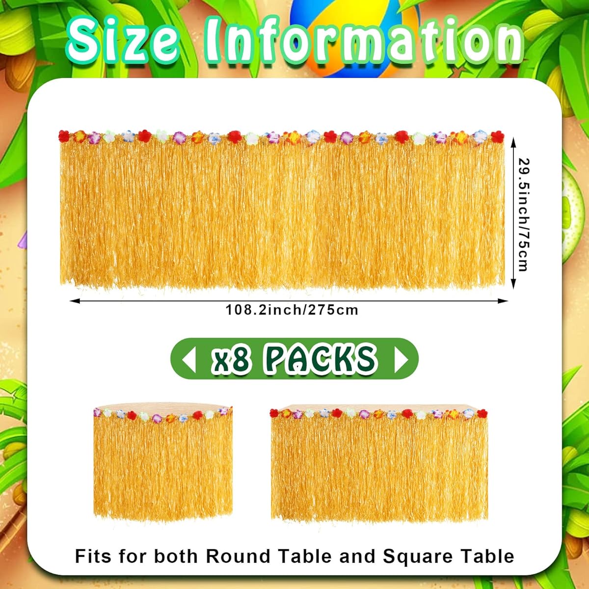 Juexica Luau Glasses Table Skirt Yellow Hawaiian Fake Hibiscus Flower Hula Skirt Tropical Party Decorations Event Birthday Party (Pack of 8) Approx. 108 x 30 Inch