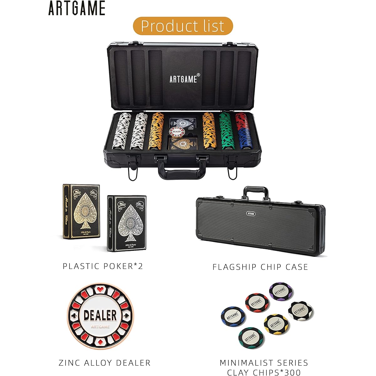 Artgame 14 Gram Clay Poker Chip Set for Texas Hold'em - 300 Pieces Casino Style Chips with K Type Aluminum Case and Dealer Button