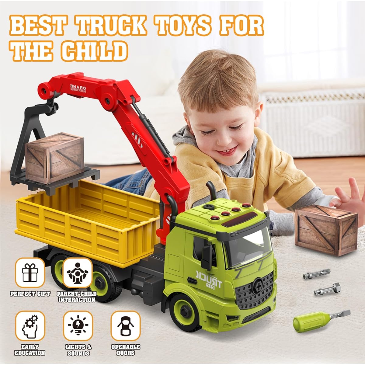 Dwi Dowellin Crane Truck Toy, Construction Car Toys Carrier Vehicle Toys for Kids Transport Toy Car Build with Lights & Sounds Gift for 4-12 Year Old Boys.