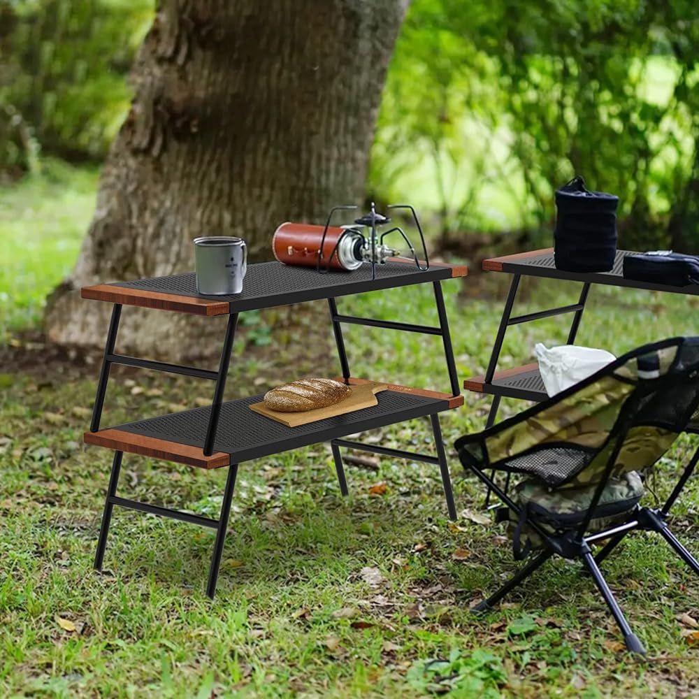 SUN-YE Camping Table, Mesh Table, Iron System, Wooden Edge, Folding, Camping, Bonfire, Stove Holder, Comes with Exclusive Storage Bag (Black, 2 Pieces)