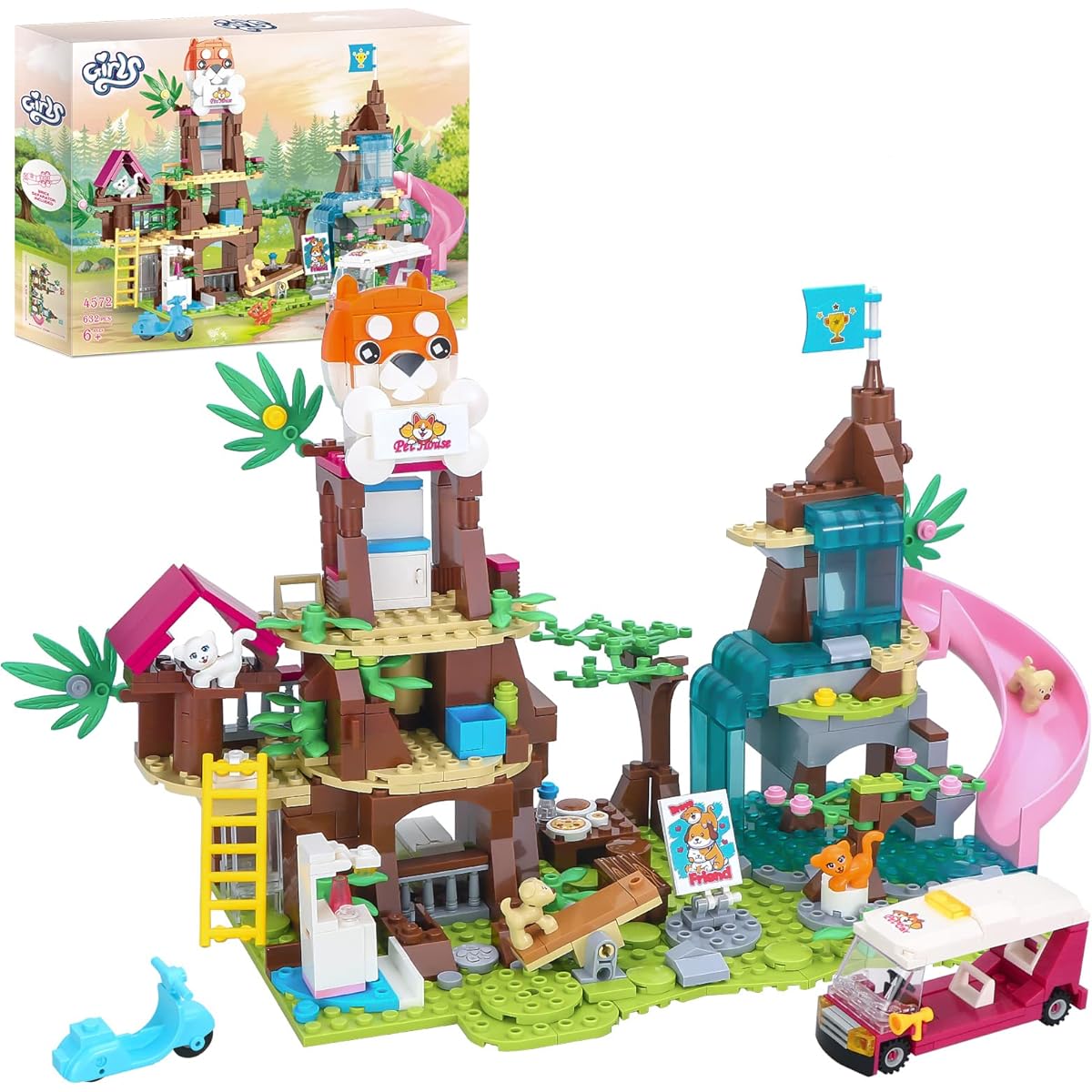 BRICK STORY Friends Jungle Tree Pet House Building Blocks Dog Nursery Playground with Slide Animal Rescue Set 4 Puppy and Cat Toys Gift for Kids 6-12 Years Old 632 Pieces