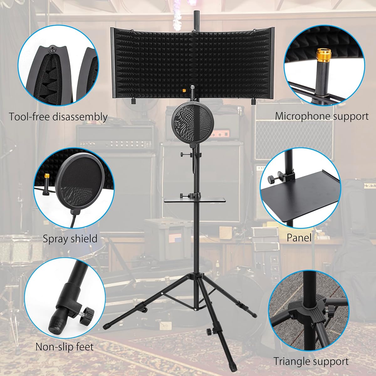 ITHWIU Microphone Isolation Shield with Stand Curved Panel, Foldable Mic Shield Triple Sound Isolation Studio Microphone Sound Absorbing Foam Reflector for Recording/Podcasting