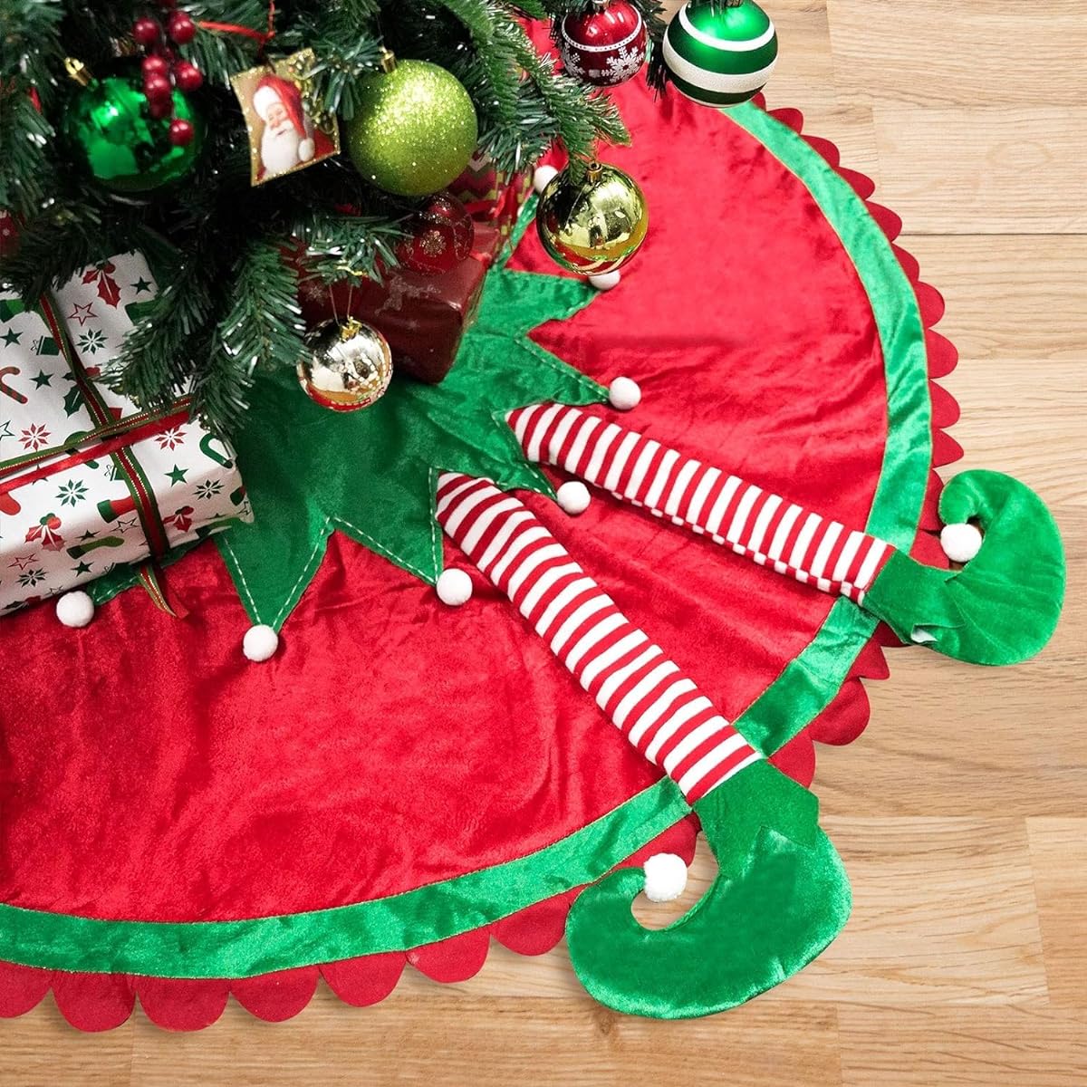 TangJing 48" Large Elf Christmas Tree Skirt with Candy Stripe Legs, Christmas Tree Mat, Elf Themed Decorations and Ornaments, Christmas Decor, Christmas Holiday, Home Party Decorations