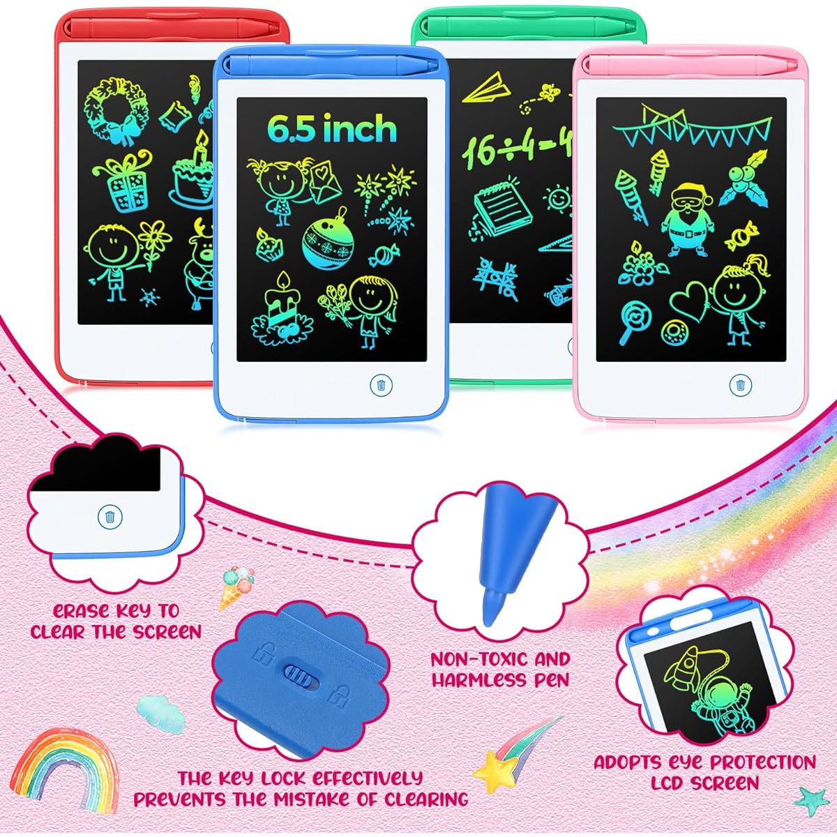 8PCS LCD Writing Tablet 6.5 Inch Colorful Drawing Board Educational Kids Doodle Pad Drawing Board Graffiti Board for Seniors 3-6 Girls Boys Office Gifts Drawing Board (Green, Pink, Blue, Red)