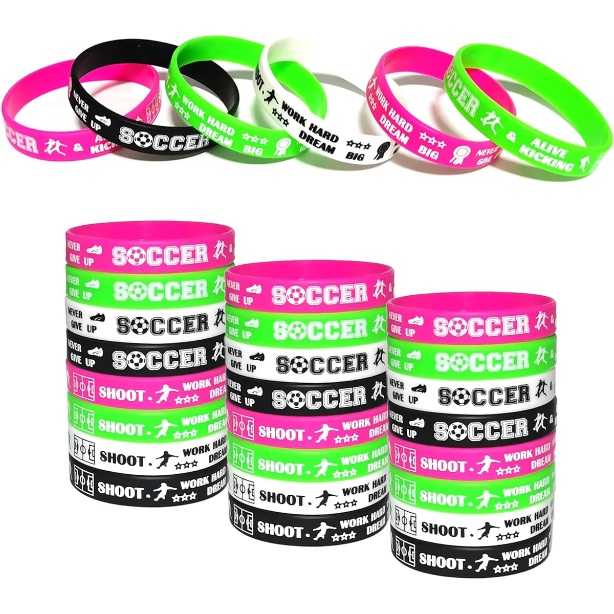 BignzwUra 24pcs Soccer Motivational Silicone Wristbands Bracelets Bulk Baby Shower/Event/Carnival/Birthday Party Favors Supplies Decorations Goodie Bags Favors
