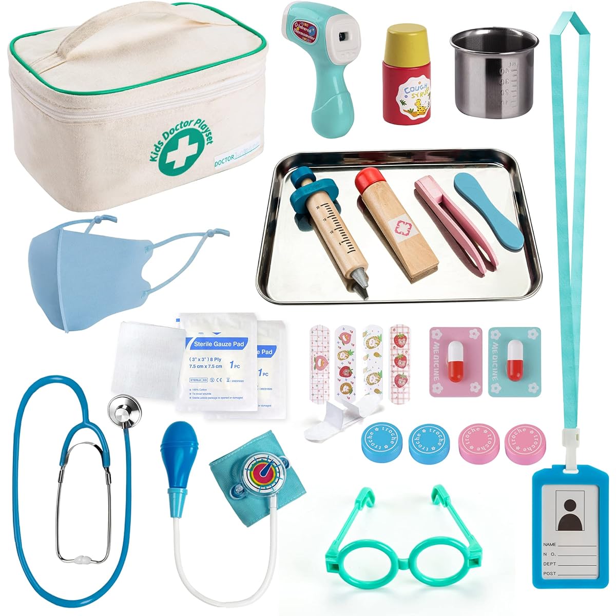 EFOSHM Kids Doctor Kit - 27 Piece Toy Medical Kit with Stethoscope, Stainless Steel Tray, Iodine Cup, Roll Doctor Playset with Signable Washable Medical Bag for Boys and Girls Ages 3+