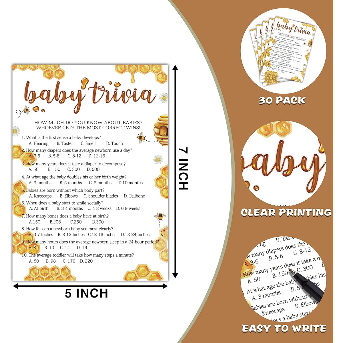 Baby Shower Game Set - Baby Trivia Game Cards for Gender Reveal Party - Bumblebee Baby Shower Games & Activities - Honeycomb Party Decorations for Boys and Girls - 30 Game Cards & 1 Answer Card (F02)