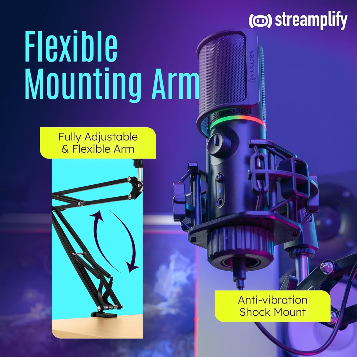 MIC ARM RGB cardioid microphone with mounting arm for streaming, recording, and podcasting