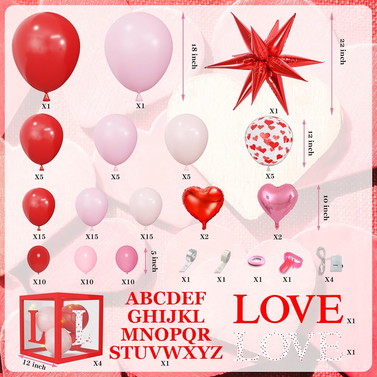 Amandir 148 Pieces Valentine's Day Party Decorations Love Balloon Box Letter Valentine Balloon Garland Kit with String Lights for Valentine's Day Wedding Engagement Mother's Day Anniversary Supplies