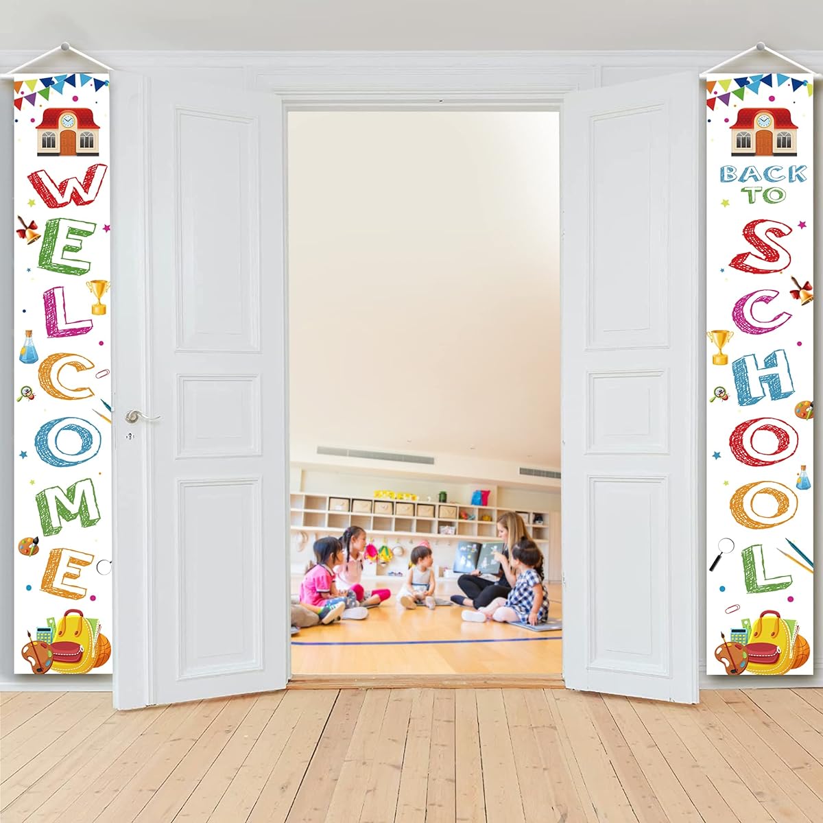 KatchOn Welcome Back To School Banner, Large 72x12 Inch, White, Back to School Background, First Day of School Decorations, Classroom Decorations