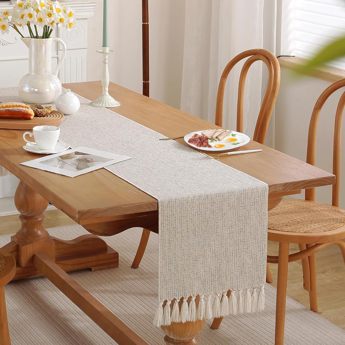 HADEEONG Table Runner Beige Boho Table Runner Handmade Tassel Embroidered Jacquard Linen Table Runner 72" Long for Coffee/Dining Table Decoration 13 x 72" Beige