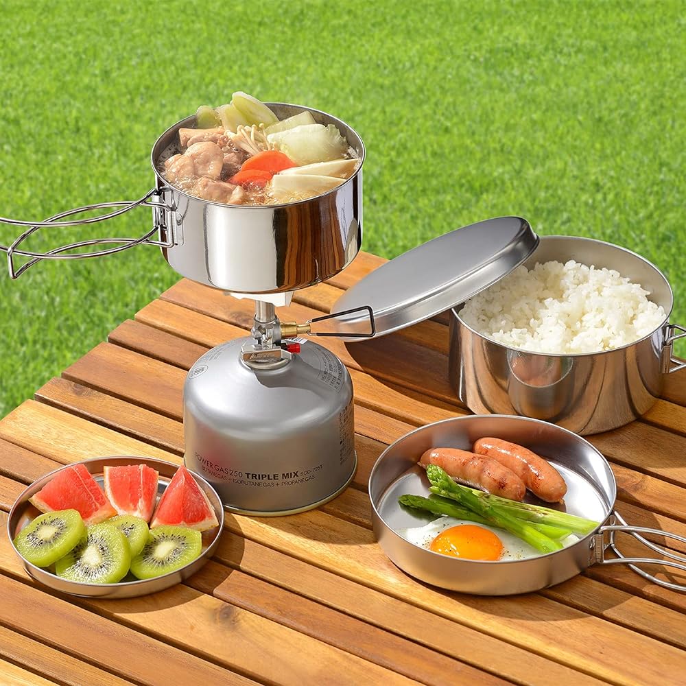 Wahei Freze Japanese Cooker Set 5 Pieces A Stainless Steel Camping Cooking Rice Cooking Stackable Compact Storage MH-1542