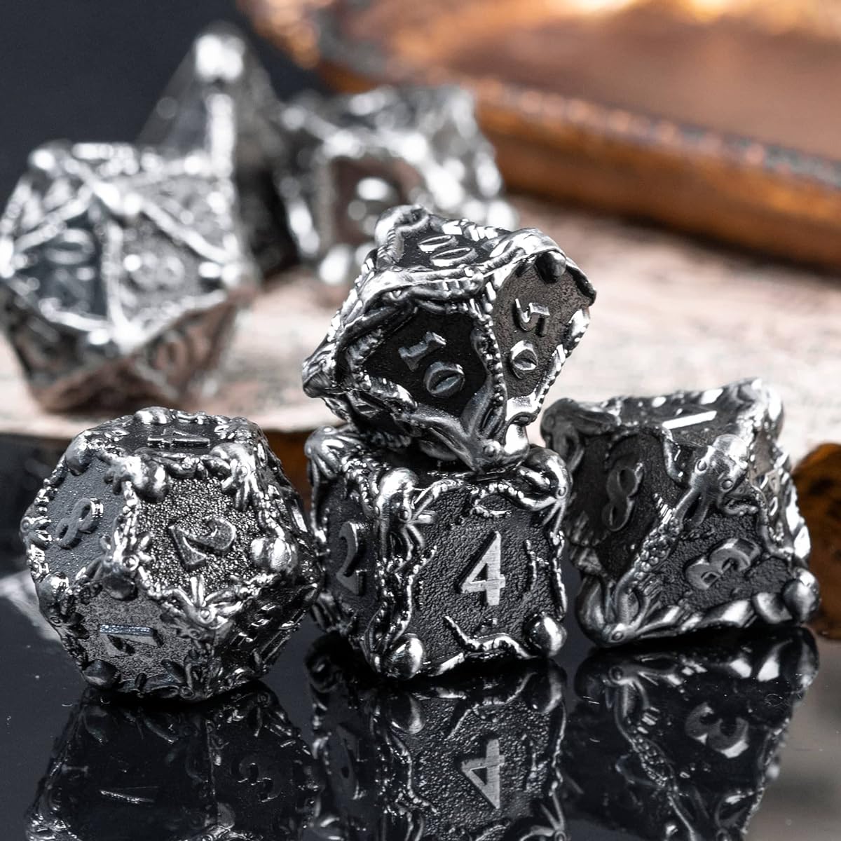 UDIXI DND Metal Dice Set, Solid Octopus Polyhedral Metal Gaming Dice for Role Playing Games, Dungeons and Dragons with Leather Dice Bag (Ancient Silver)