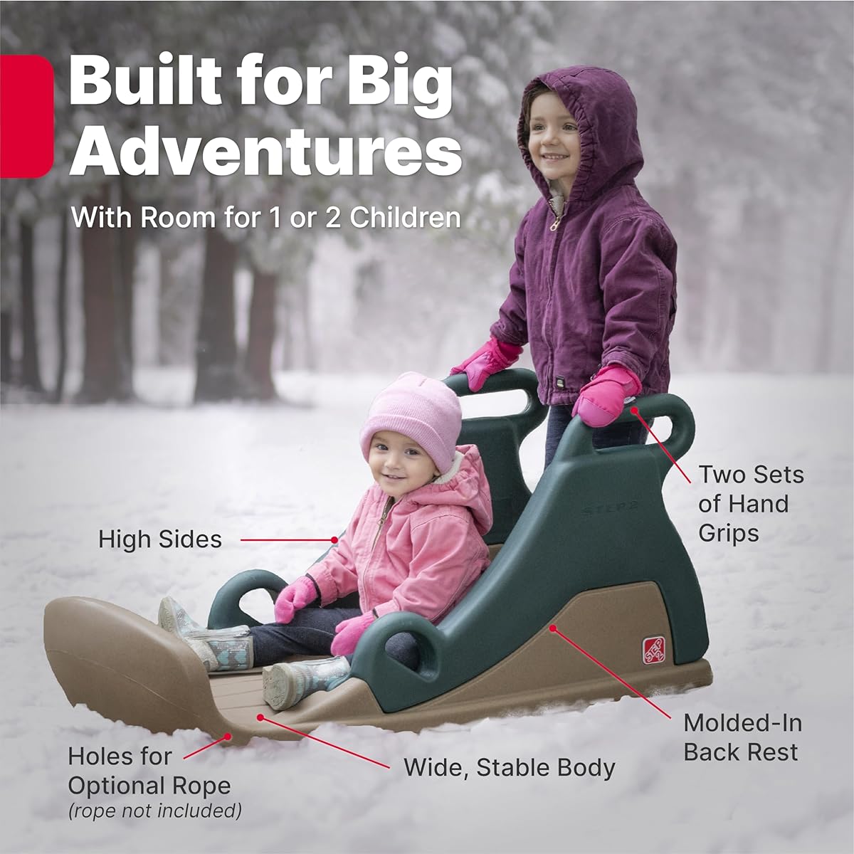 Step2 Snow Runner for Kids, Outdoor Snow Sled Play Set for Toddlers, Ages 36-72 Months, Fits 2 Riders, Easy Assembly, Tan and Green