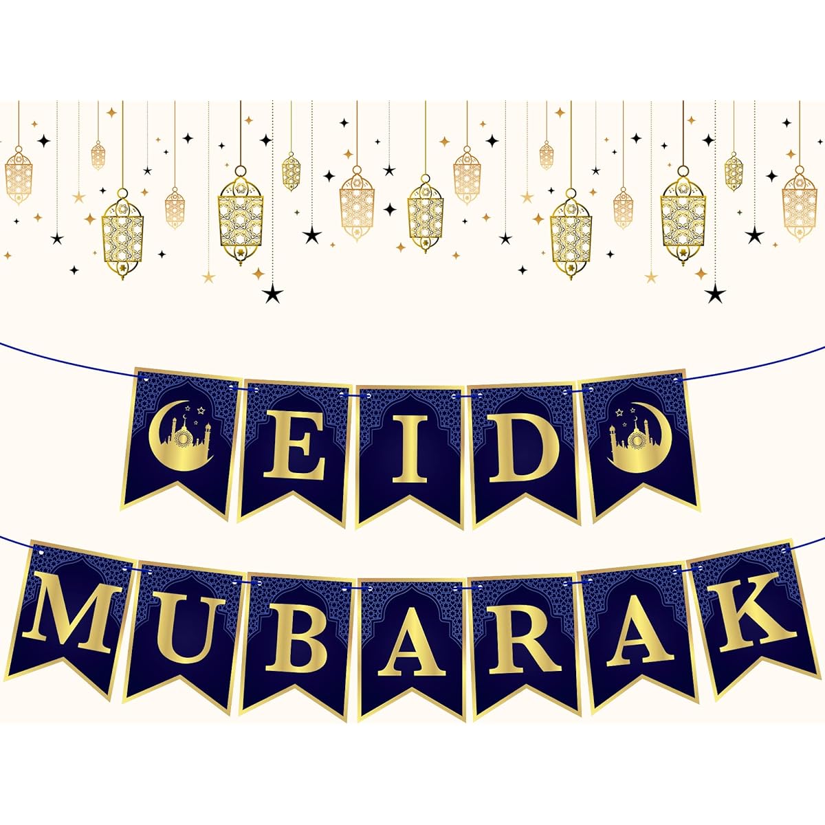 Large Eid Mubarak Banner - 10ft No DIY Required | Blue and Gold Eid Mubarak Sign Ramadan Party Supplies | Eid Banner for Ramadan Kareem and Eid Decorations | Home Decorations | Ramzan Decorations