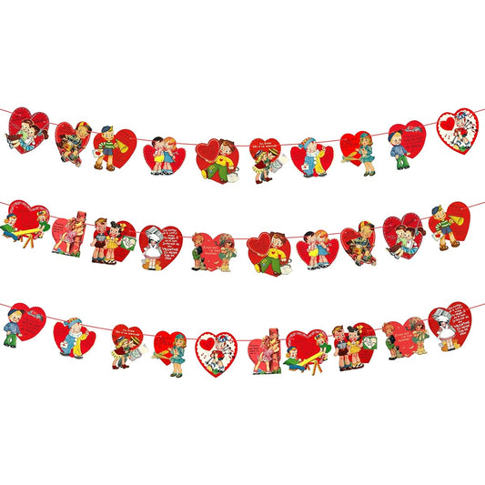 Vintage Valentine's Day Decoration Retro Banner Hanging Valentine Heart Card Decor Garland with Rope Home Wall Fireplace Decor Anniversary Party Supplies 30 Cards