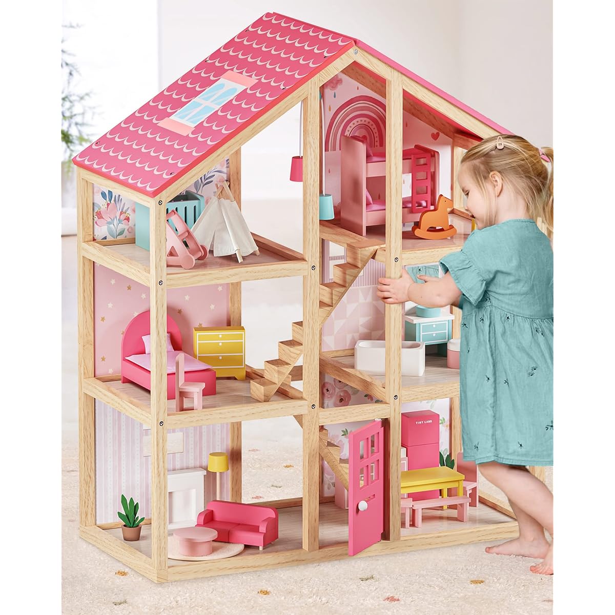 Tiny Land Wooden Dollhouse 6 Rooms Wooden Dollhouse DIY Pretend Dream House with 30 Furniture Accessories, Great Gift for Girls Ages 3+