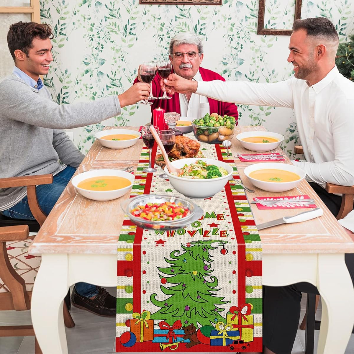 Whoville Christmas Table Runner 90" Whoville Grinch Cotton Linen Table Runner Seasonal Winter Christmas Holiday Kitchen Dining Table Decoration Home Party Decor 13" x 90"