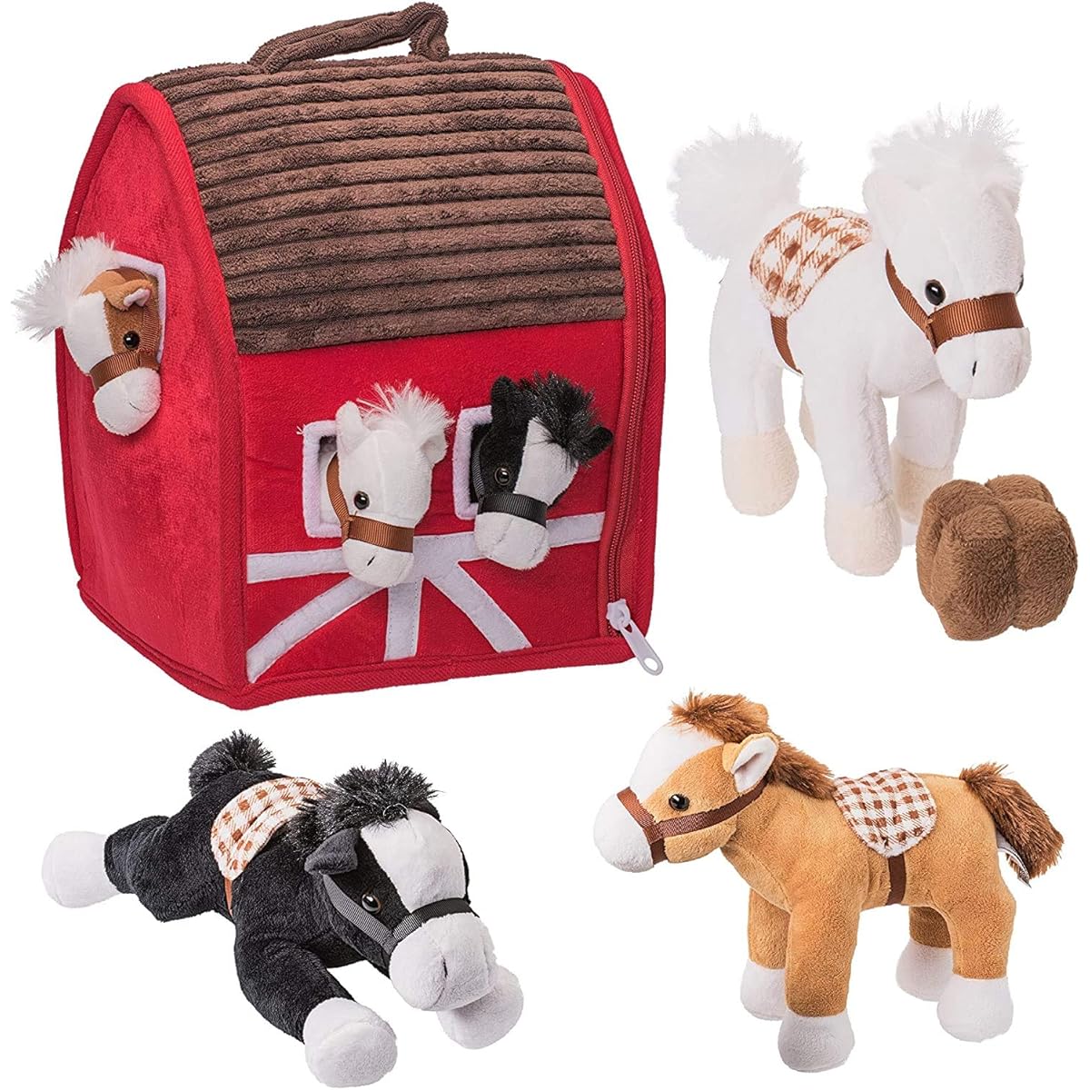 Prextex Plush Farm House with Soft and Cuddly 13cm Plush Horses, Farm Boy, and Farm House Barn Carry Along Case