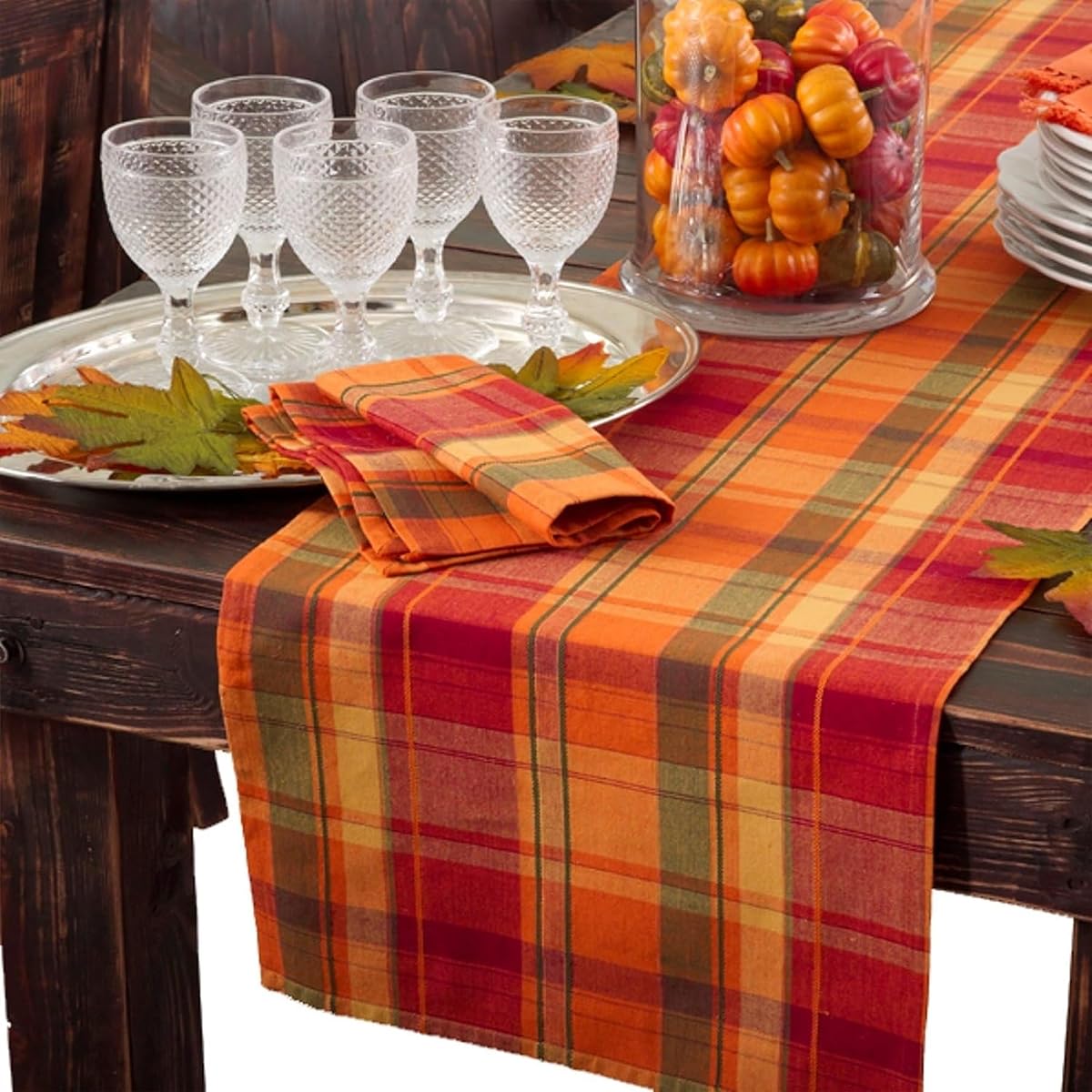 SARO LIFESTYLE Harvest Linen Warm Plaid Design Table Runner 16" x 90", Terracotta