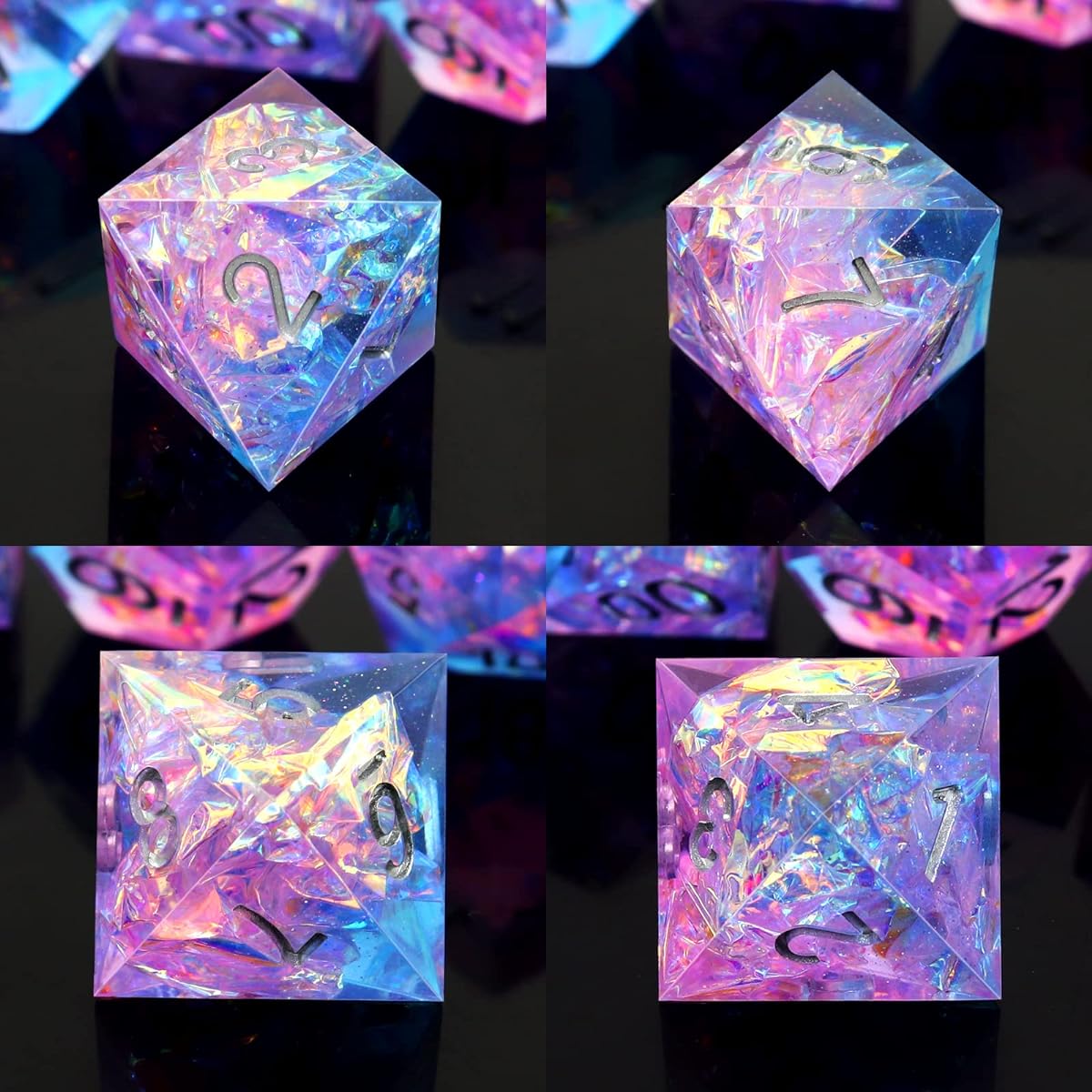 Haxtec Sparkling Sharp Edge Dice Set - Handmade Resin DND Dice with Iridescent Mylar Inclusions - Light Purple and Blue Color Mix - Fascinating Stardust.