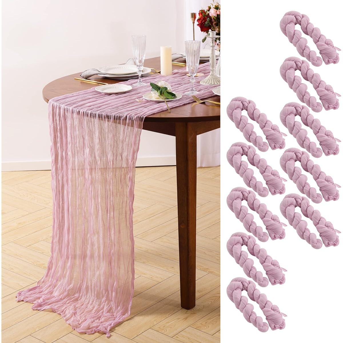 Gauze Table Runner 10pcs 10ft Sheer Cheesecloth Table Runner Bulk for Holiday Party Bridal Shower Romantic Boho Table Decor | 35"W x 118"L | Lilac Snow