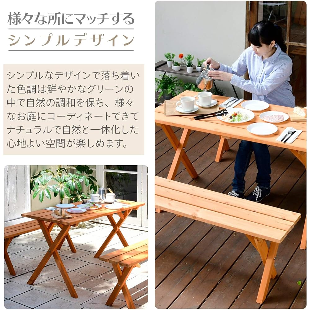 [Garden Master] Garden Table & Bench 3 Piece Set, 1 Table & 2 Chair Set, Natural Cedar Wood, Includes Parasol Hole, Garden, Balcony, Terrace, Balcony PTS-1205S