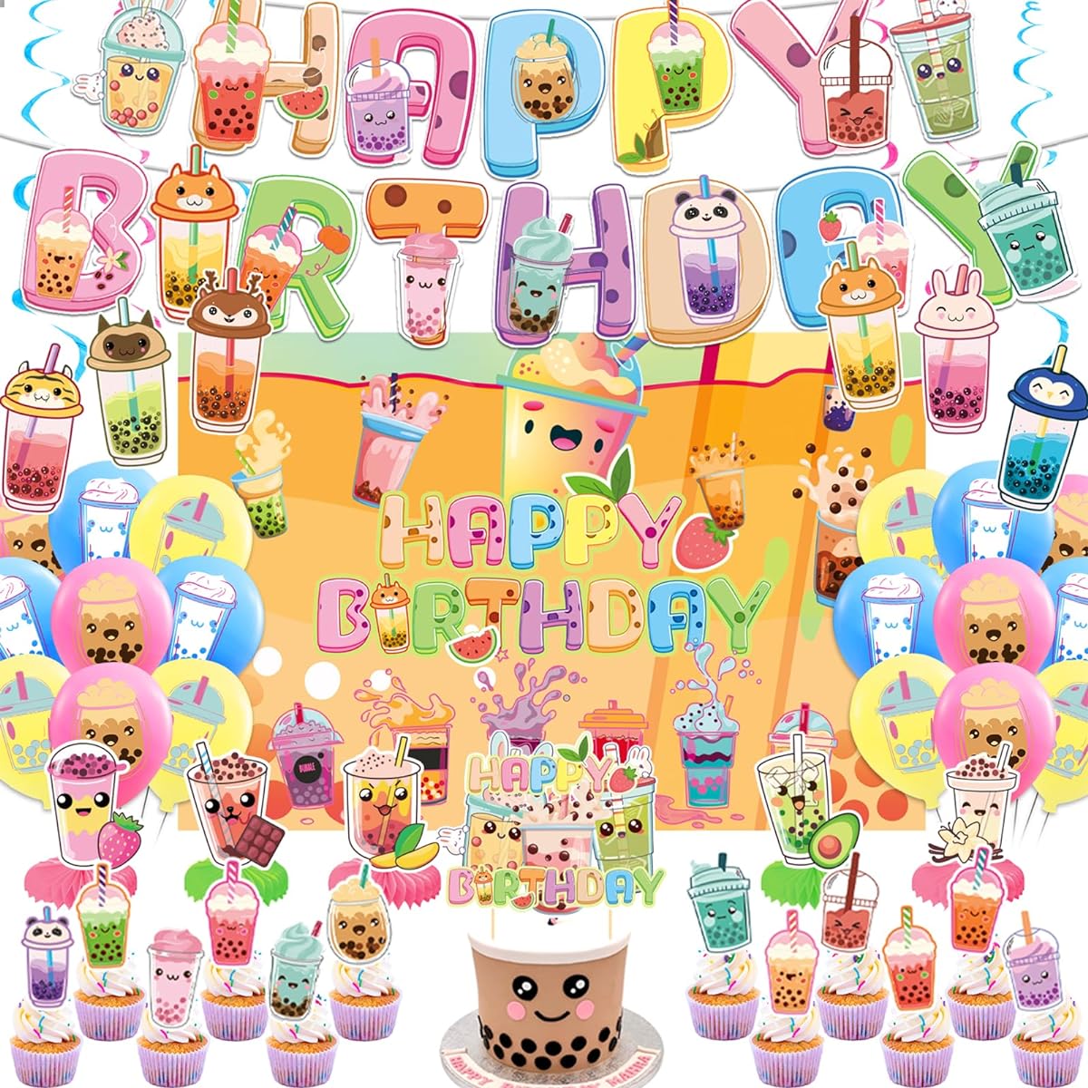 Boba Tea Party Decorations Bubble Tea Birthday Decorations Includes Boba Tea Birthday Banner, Backdrop, Spirals, Honeycomb Centerpieces, Cake Cupcake Toppers, Balloons for Boba Tea Party Favors