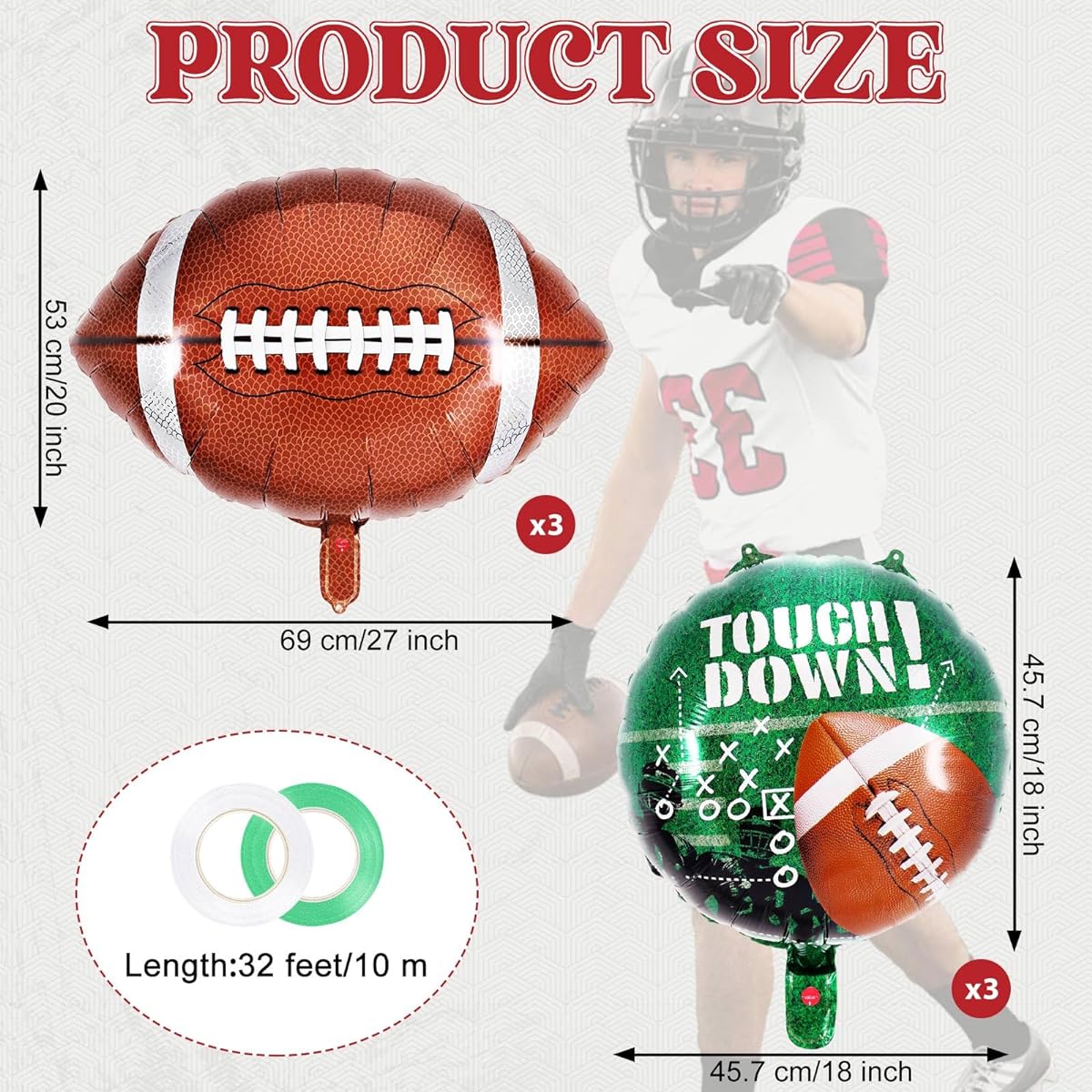 6 Piece Football Balloon Set, 3 Football Foil Balloons, Football Field Balloons for Tailgate, Game Day Sports Theme, Football Theme Supplies, Birthday Party Decorations