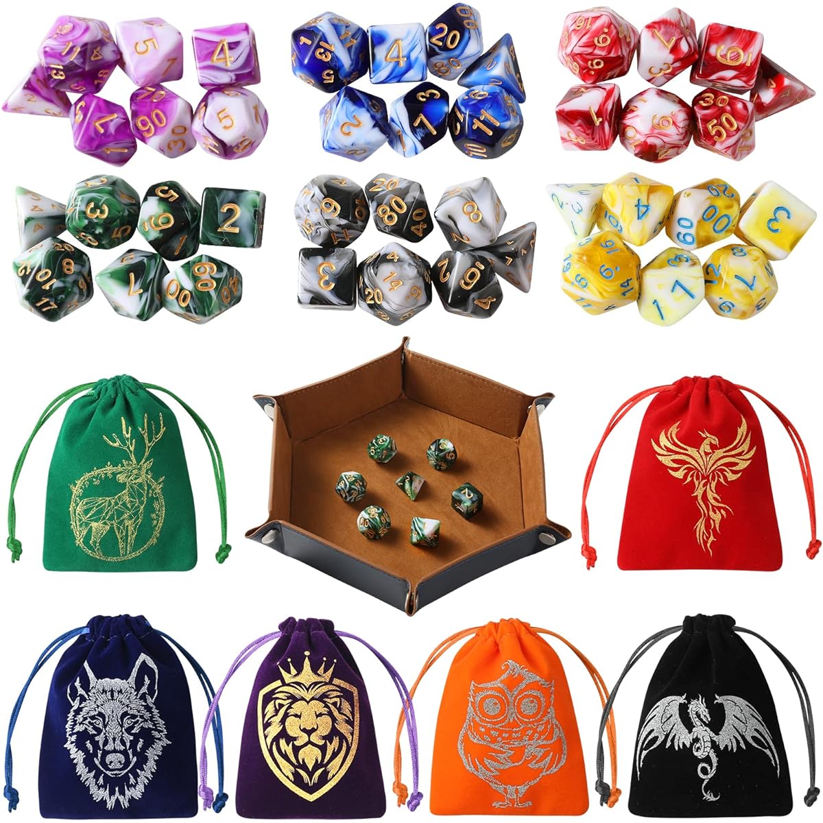 Grajar DND Dice Set, Role Playing Dice Set, 42 Pieces, 6 Colorful Animal Pattern Dice Bags, PU Leather and Velvet Dice Tray for Dungeons and Dragons, D&D RPG MTG Tabletop Game Mix, White
