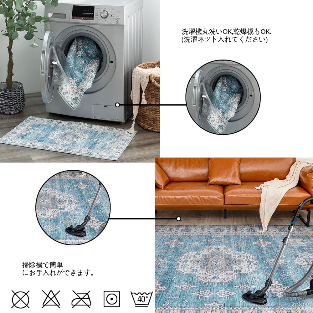 u-living Carpet 3 Tatami Persian Carpet Rug Washable Floral Pattern 160x230CM All Seasons Anti-Slip Lightweight Compatible with Floor Heating Dust Mite Resistant Odor Resistant Blue