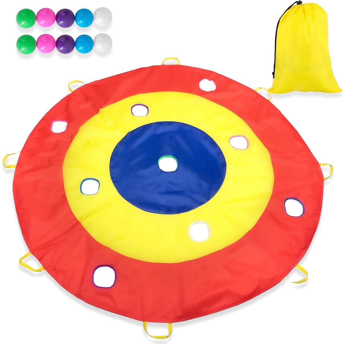 Play Platoon Hole Tarp Team Building Game for Work 72" Kids Parachute with 8 Handles & 10 Ball Pit Balls 6 Feet Hole Tarp Game for Toddlers Polyester Parachute for Kids