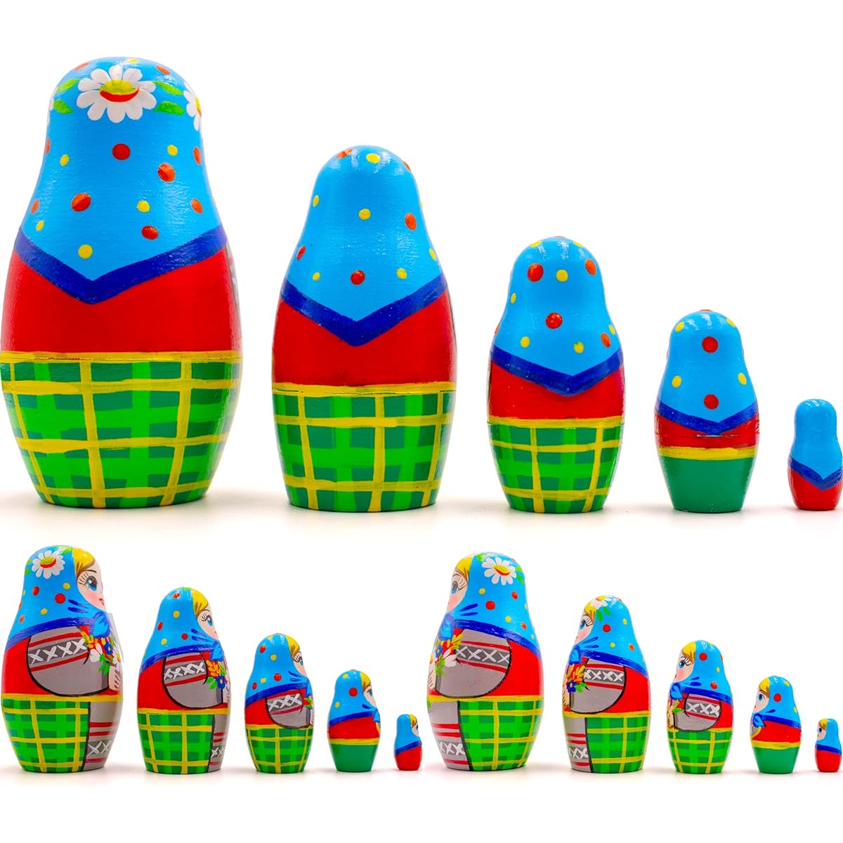 5 Piece Russian Nesting Doll Set - Blue Cornflower, Spikelet, Chamomile Flower - Matryoshka with Meadow Flower Bouquet