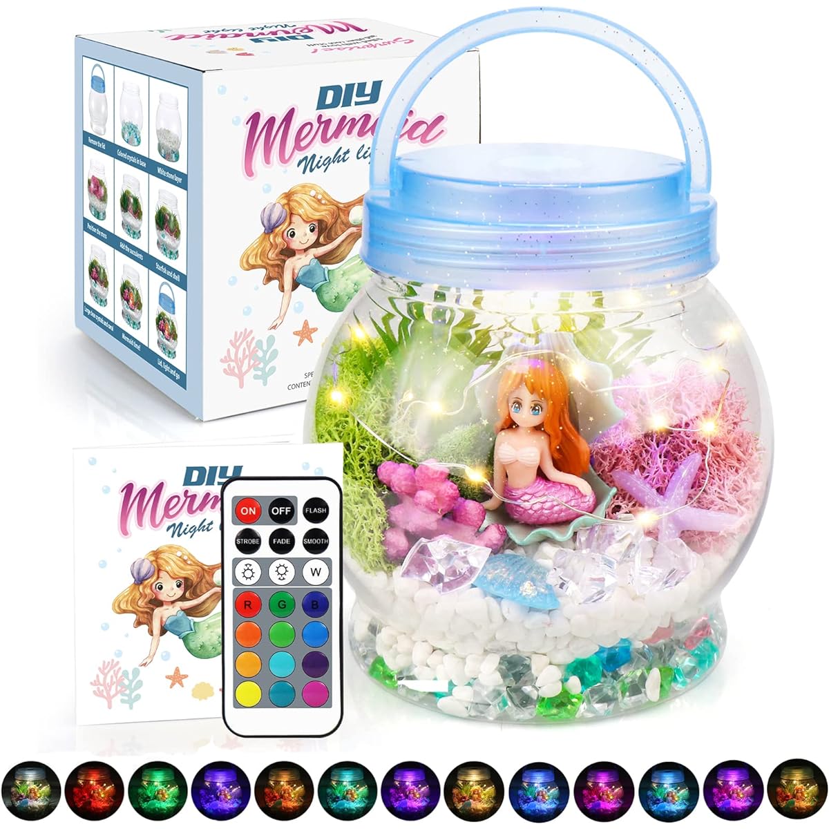 DIY Light Up Mermaid Terrarium Kit for Kids, 3 Light Modes Mermaid Toys & Activity Kit Gifts, Arts & Crafts Mermaid Gifts for Girls Ages 4 5 6 7 8-12 Years, Birthday Gifts, Bedroom Decor