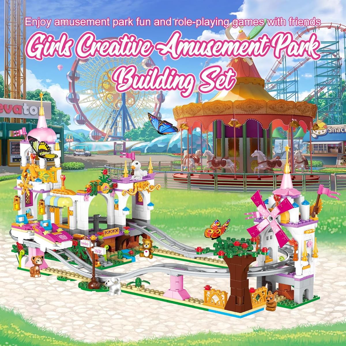 WinGift 711 Pieces Friends Roller Coaster Building Set Girls Creative Amusement Park Building Blocks Kit STEM Princess Castle | Pink Playground Park Model Construction Set for Boys Girls Ages 6 7 8+