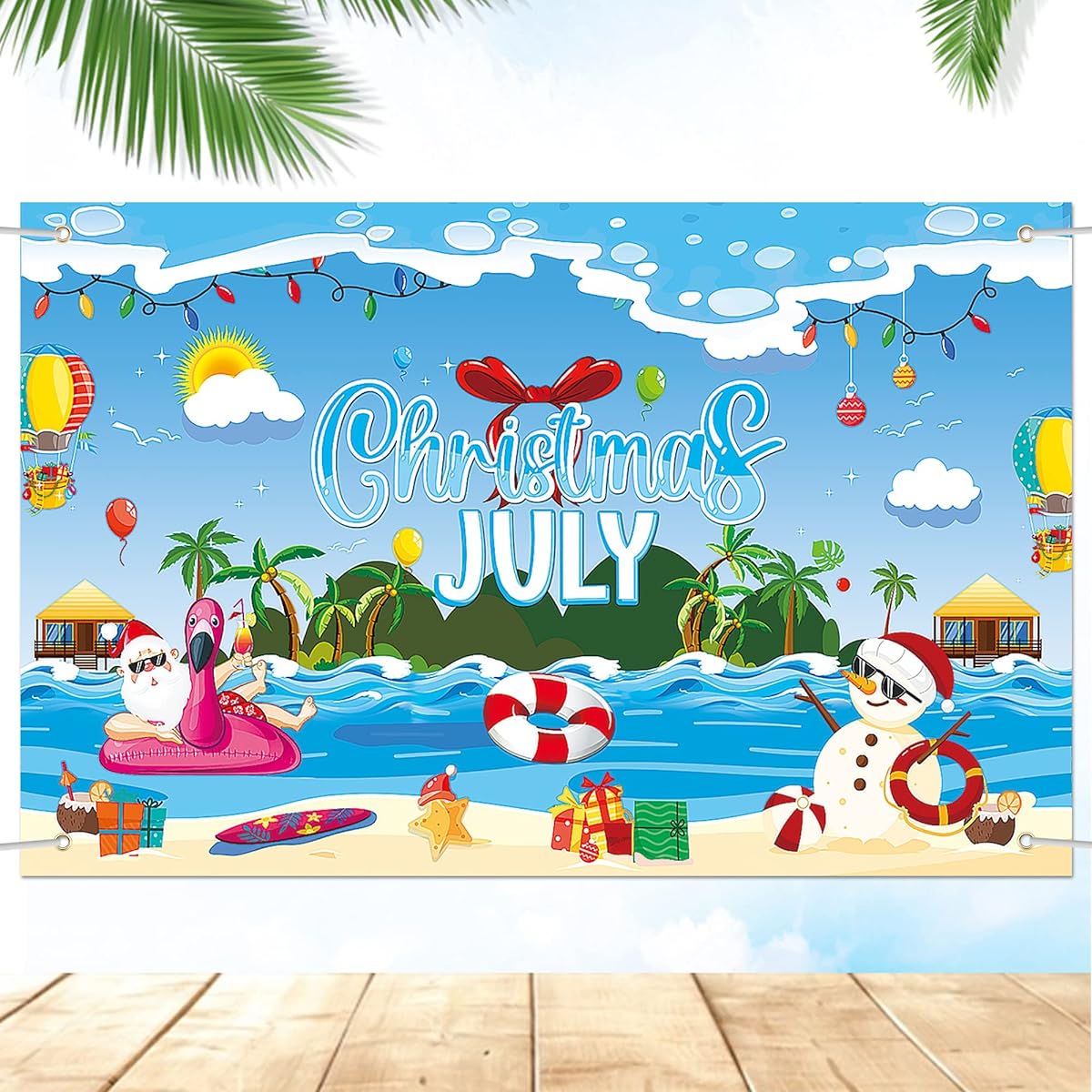 Lucleag Christmas in July Backdrop Banner Decoration 70.9 x 43.3 inches Christmas Background Hawaii Christmas Tropical Beach Backdrop Santa Summer Banner Photo Background for Christmas in July Party Supplies
