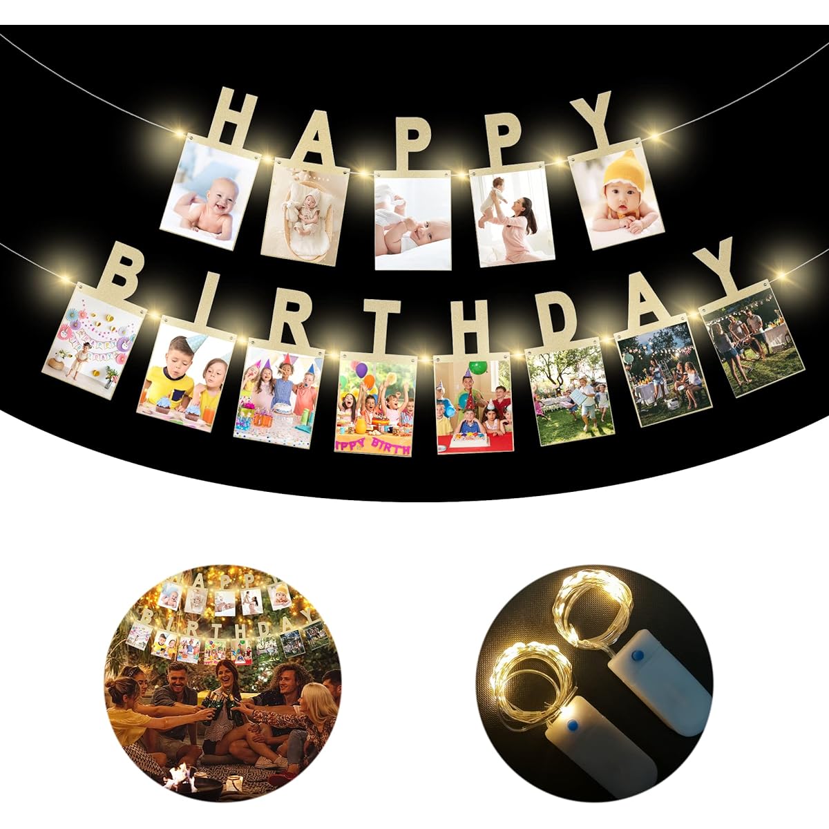 Birthday Photo Banner Perfect for Kids and Adults Birthday Party Decorations Yearly Milestone Golden Happy Birthday Banner (Gold and Light)