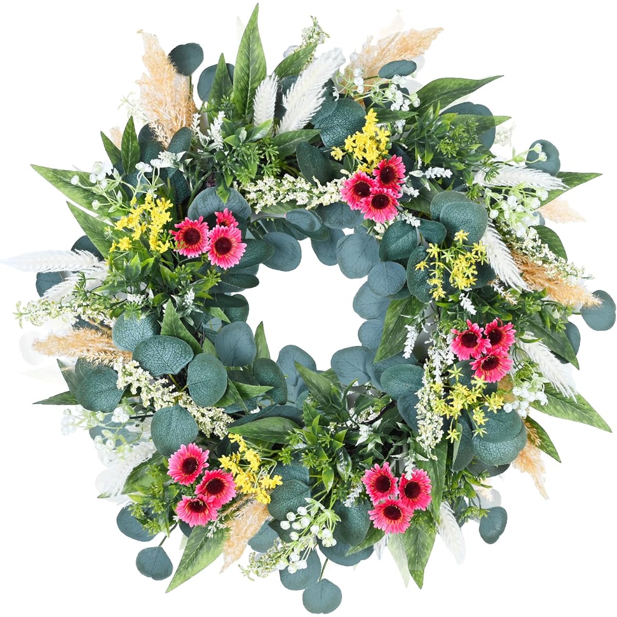 DDHS Eucalyptus Wreath 18" Wreath for Front Door, All Weather Spring Summer Door Wreath with Chrysanthemum and Wheat, Artificial Greenery Wreath, Farmhouse Party Decoration