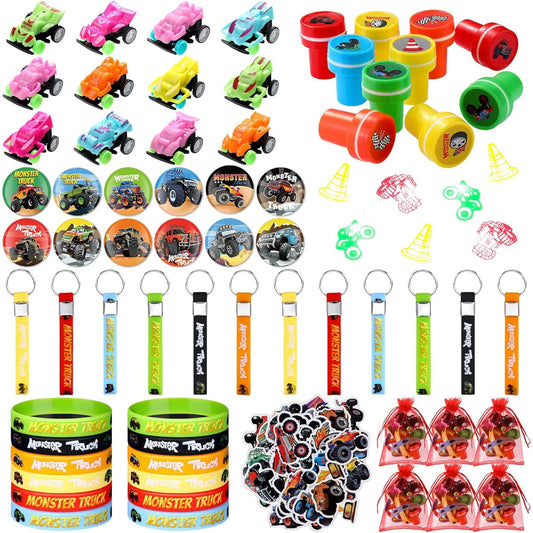 122pcs Truck Party Favors Kit Set, Truck Themed Mini Car Toys Cartoon Tattoo Stickers Keychains Wristbands Bracelets Badges Stampers Good Treats Candy Bags for Girls Boys Birthday Party Supplies
