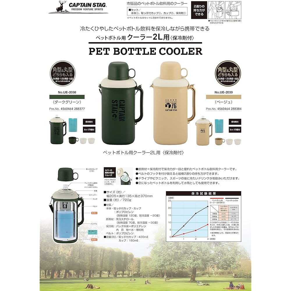 CAPTAIN STAG PET Bottle Holder PET Bottle Cooler for 2L with Ice Pack, 3 Cups, Shoulder Belt, Dark Green/Beige/Purple UE-2038 / UE-2039 / M-8904