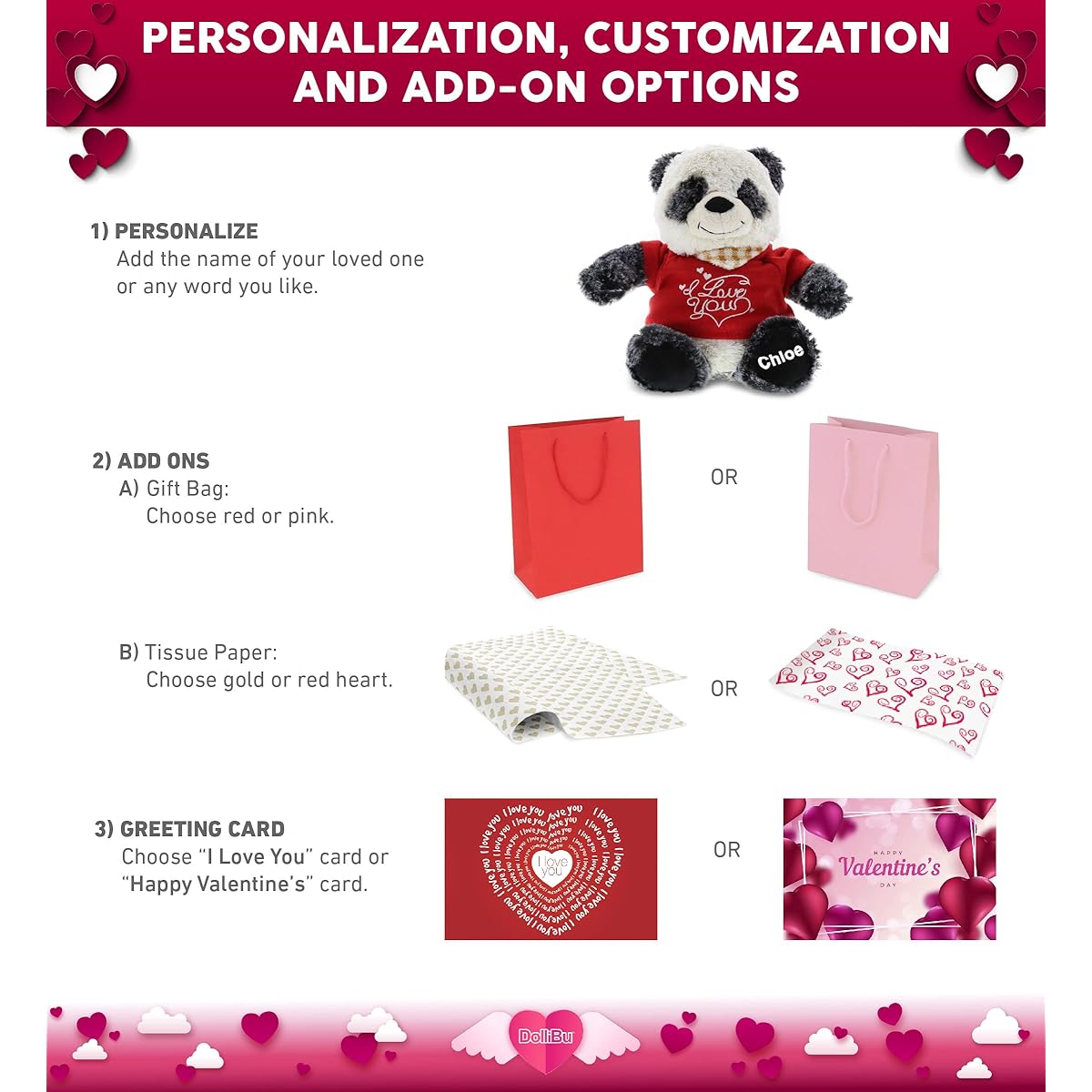 Dollibu Sitting Panda Bear I Love You Valentines Stuffed Animal - Red Message T-Shirt - 7 Inch - Super Soft Plush - Item # K5050-5994