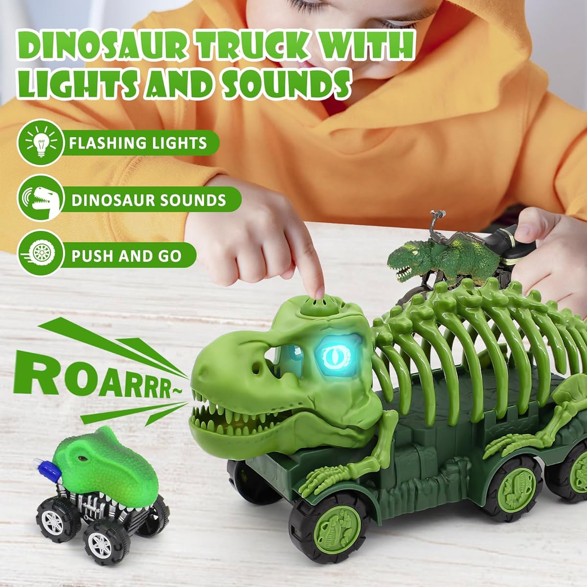 AVIALOGIC Animal Toys Disosaurus Toy - Tyrannosaurus Transport Car Carrier Truck with 4 Mini Toy Cars Friction Powered Catapult Vehicle Birthday Gift for Kids/Boys/Girls (Green)