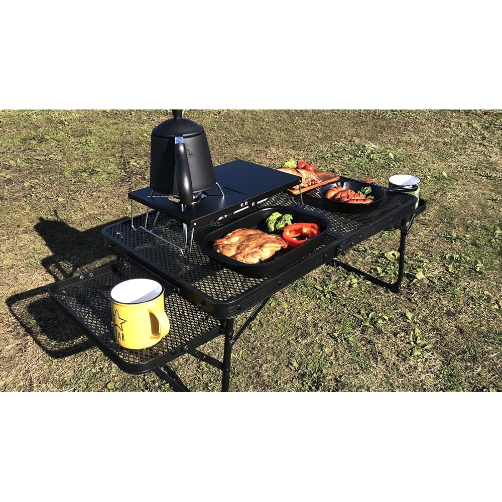 OUTDOORSHIN Iron Mesh Mini Table with Side Table Expandable Bonfire Heat Resistant Table Integrated Folding Desk Lightweight Compact Camping Outdoor
