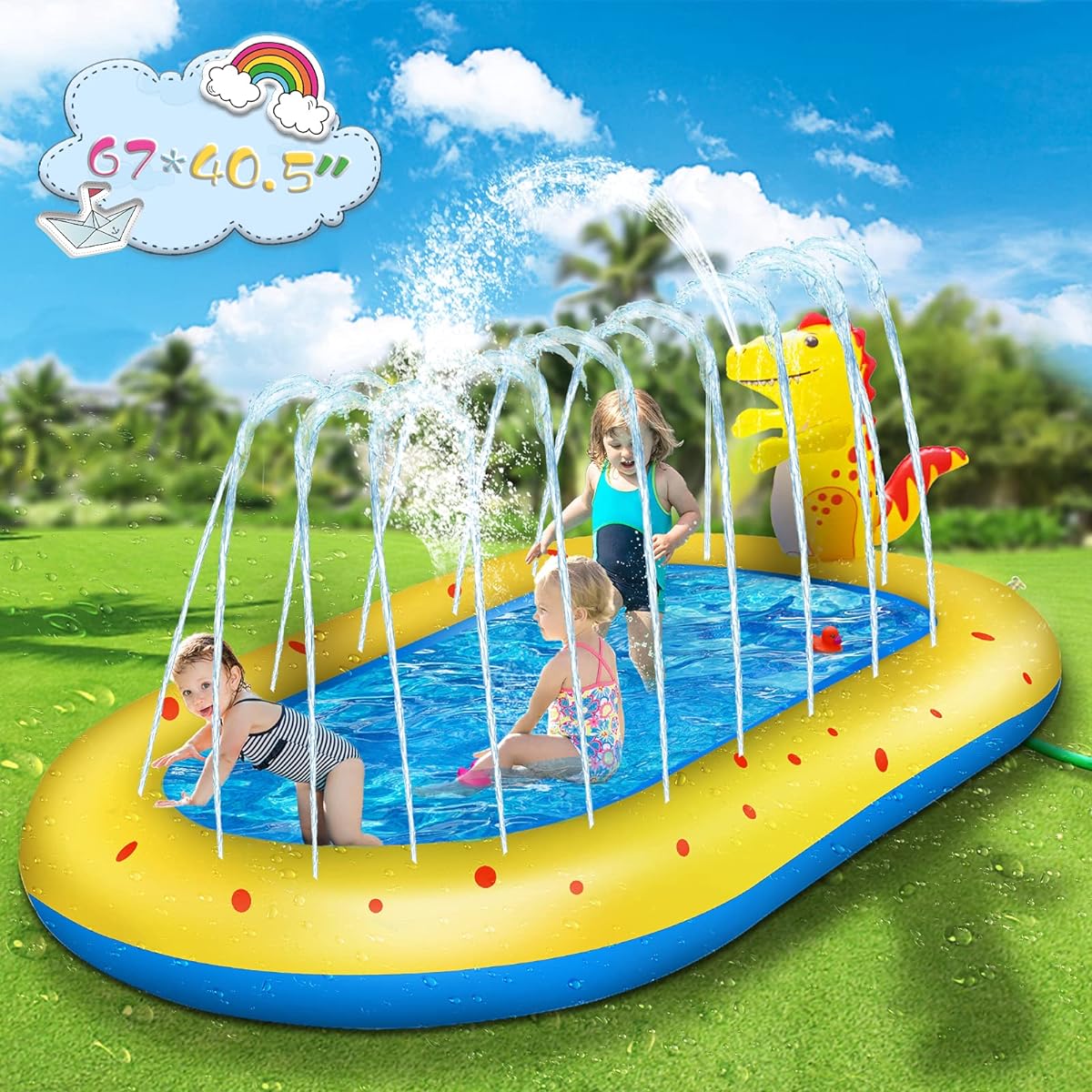 LQTTEK Inflatable Sprinkler Pool for Kids, Cute Dinosaur Kiddie Pool 3 in 1 Backyard Splash Pad Swimming Outdoor Water Toys for Toddlers