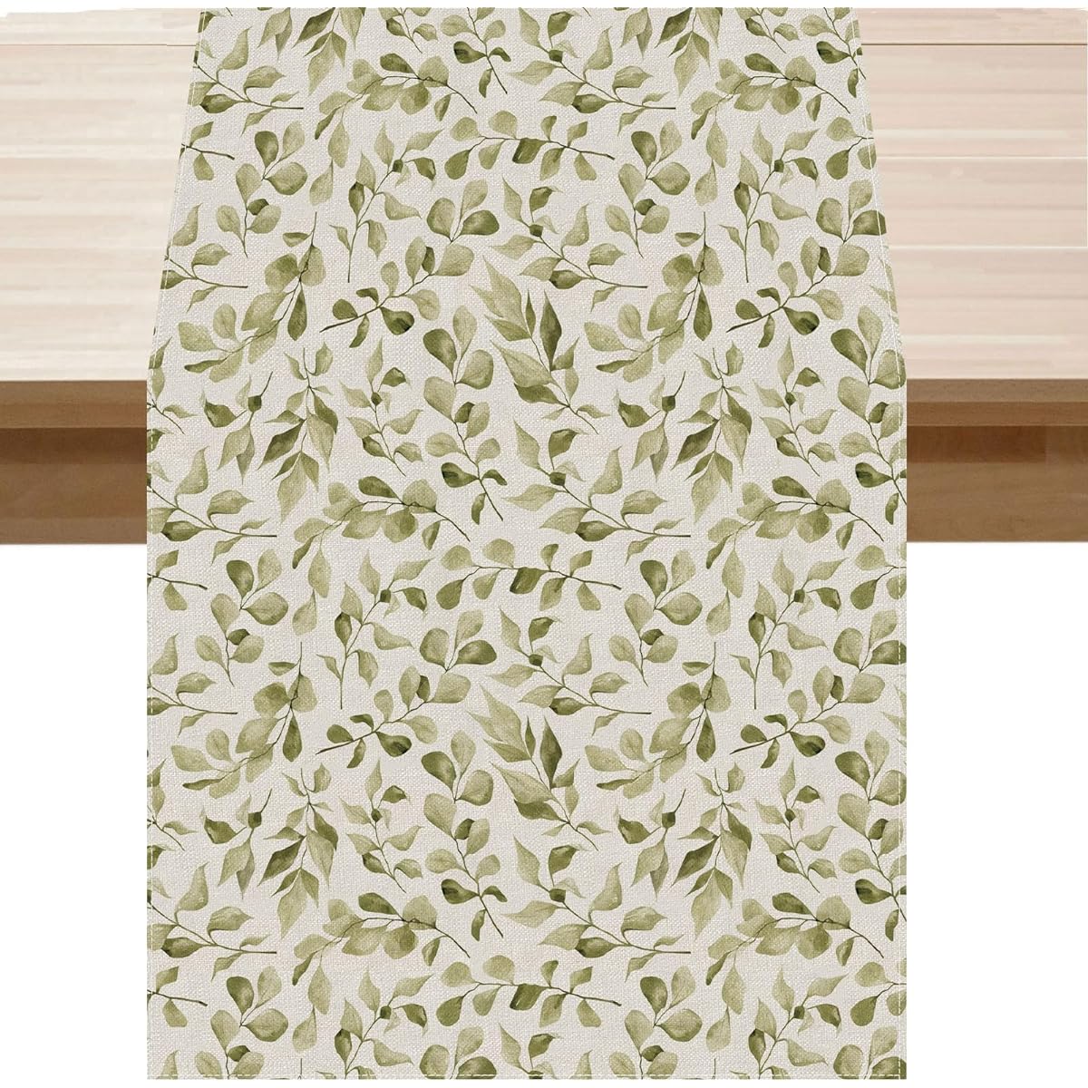 PARTY BUZZ Table Runner Green White Leaves Spring Summer Rustic Farmhouse Spring Summer Seasonal Home Indoor Kitchen Dining Table Decor 60" Long