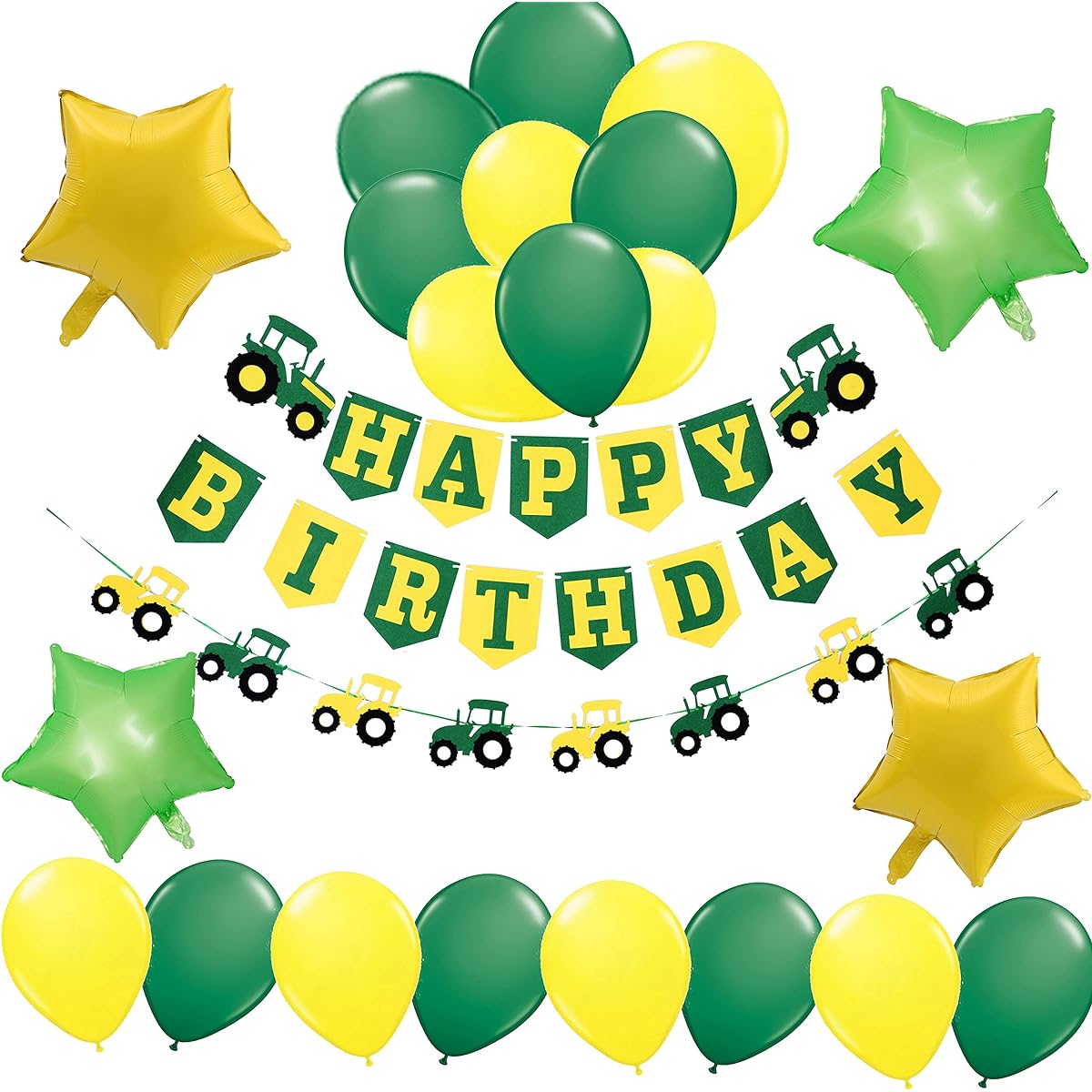 Farm Tractor Theme Party Decorations - 1 Happy Birthday Banner, 1 Tractor Garland, 4 Green and Yellow Mylar Balloons, 16 Latex Balloons - Assembly Supplies and Gifts for Girls/Boys/Kids