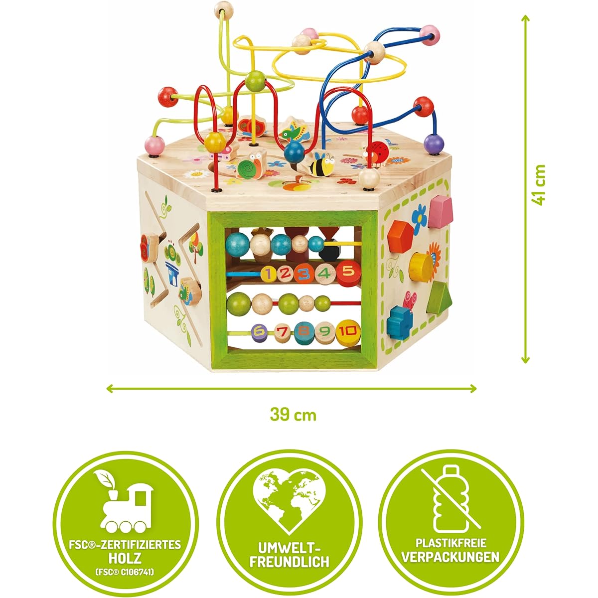 EverEarth Garden Activity Cube Wooden Shape & Color Sorter Bead Maze & Counting Baby Toy Wooden Activity Cube