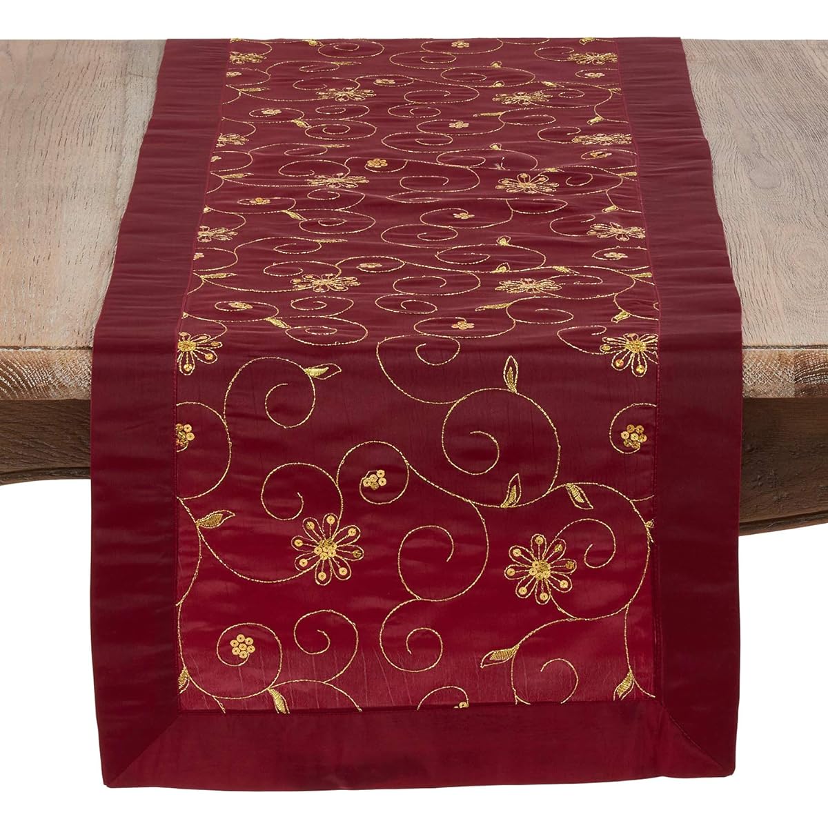Burgundy Gold Color Embroidery with Sequins Special Occasion Holiday Table Runner Tablecloth Table Topper 16"x108" Runner (Red) OGSTXJ511.BU16108B